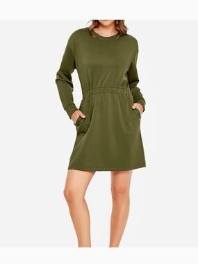 Amazon Essentials Olive Green Long Sleeve Tie-Waist Pocket Dress